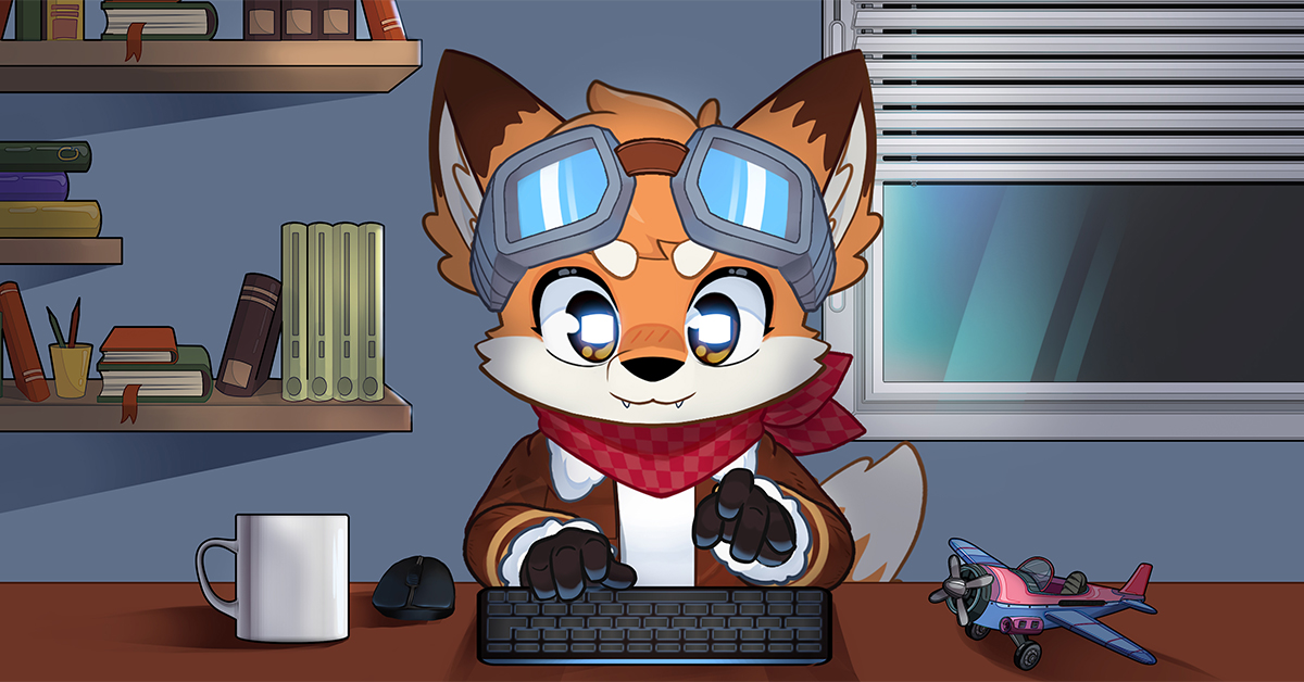 Avi the developer fox at his desk